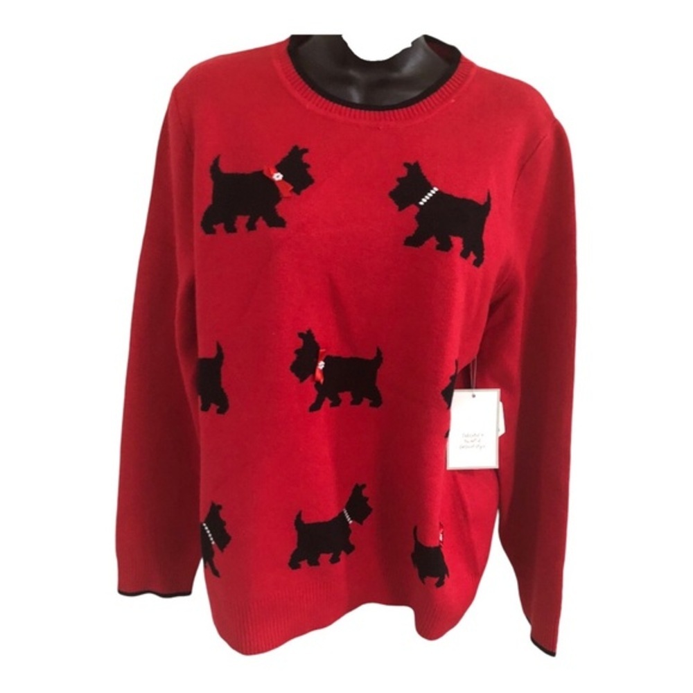 Red & black pearl embellished sweater with Terrier‎ dog puppy print size large